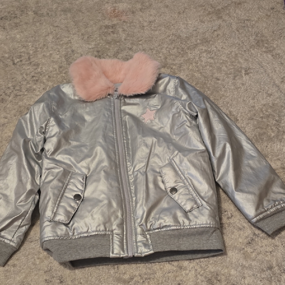 Buffalo David Bitton Silver Puffer Jacket with Pink Faux Fur Collar